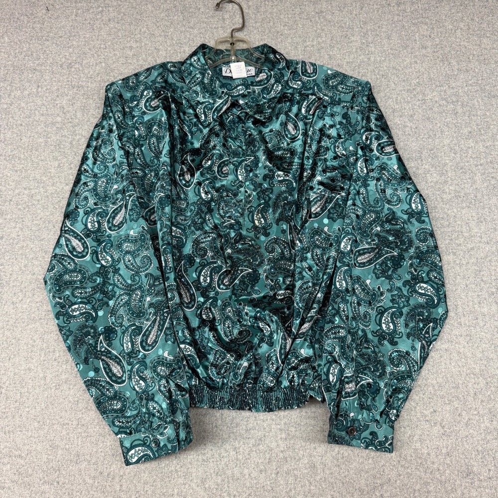 Da-Rue of California Blouse Size 18 Pine Green Paisley Smocked Hem Made in USA